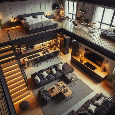 Fancy Loft Apartment, Modern Loft Apartment Luxury, Loft Houses, Loft Homes, Loft Bedrooms, Loft House Design, Aesthetic Architecture, Loft Interior Design, Tiny House Loft