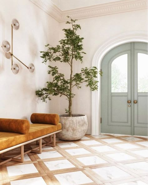 Transitional Home Staircase, Spanish Revival Entryway, Spanish Finca, Entryway Tile, Foyer Flooring, Entryway Flooring, Vision Book, Entry Way Design, Scandinavian Interior Design