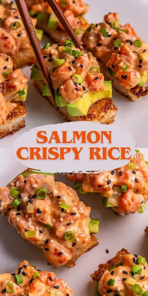 Best Salmon Dinner, Salmon Sticky Rice, Crispy Rice Chopped Sushi Salad, Fried Rice And Salmon, Vegan Crispy Rice Sushi, Spicy Salmon Roll Sushi, Raw Salmon Appetizers, Sushi Fried Rice, Low Cal Pescatarian Recipes