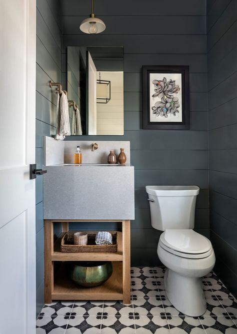 katie-davis-powder-bath Fixer Upper Bathrooms, Bathrooms Without Windows, Pocket Door Bathroom, Cozy Bedroom Paint Colors, Small Dark Bathroom, Powder Room Paint Colors, Benjamin Moore Bathroom, Powder Room Paint, Small Half Bathroom