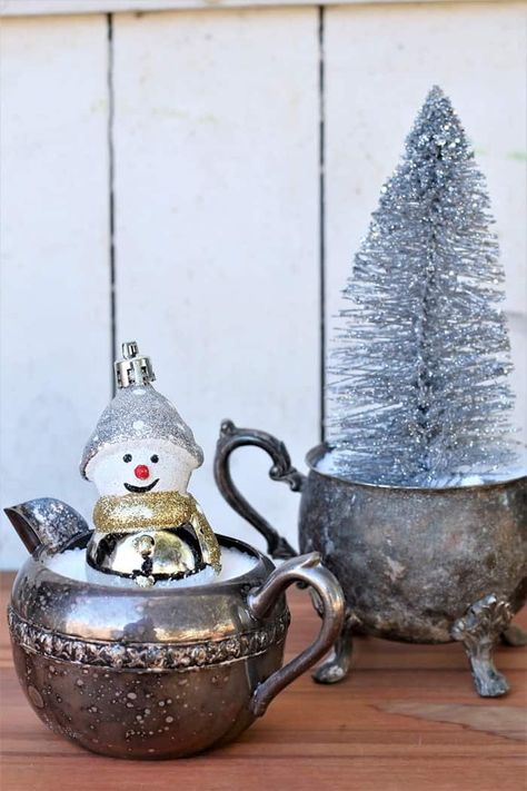 More DIY Salt Shaker Snow Scenes By Special Request! How To Display Silver Pieces, Decorating With Old Silver Pieces, Repurposed Silver Serving Pieces, Silver Platter Decor Ideas, Silverplate Repurposed, Silver Tea Set Repurposed, Silver Tray Repurpose, Tea Service Ideas, Decorating With Silver Pieces