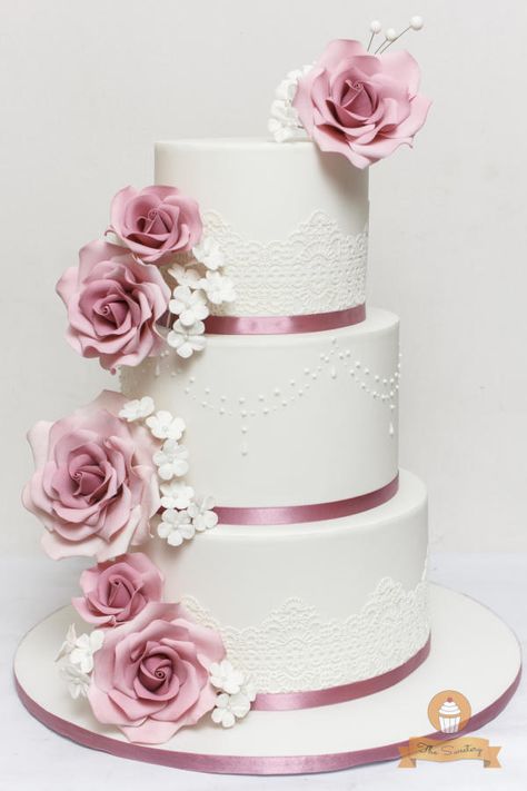 Old Rose Floral Wedding Cake - Cake by The Sweetery - by Diana Old Rose Wedding Motif, Edible Lace Wedding Cake, Old Rose Wedding, Pink Rose Wedding Cake, Debut Cake, Rainbow Wedding Cake, Gum Paste Flowers Tutorials, Pink Wedding Cakes, Wedding Cake Tutorial