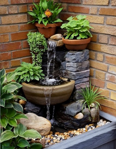 Waterfall Planter Ideas, Waterfall Small Garden, Mini Garden Ideas Small Spaces, Small Garden Waterfall Diy, Fountain Ideas, Mini Waterfall Garden Water Fountains, Small Rock Waterfall, Small Waterfall Aesthetic, Waterfall Landscaping