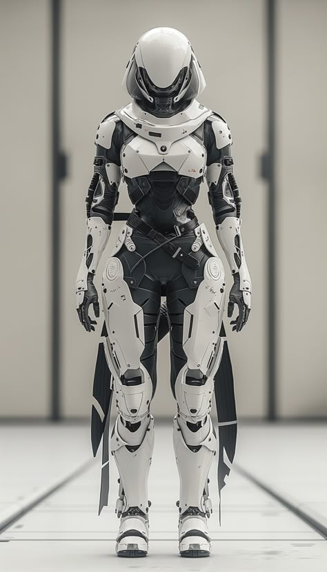 Futuristic Robotic Exosuit Standing in a Minimalist Facility Sci Fi Exosuit, Futuristic Armor Design, Futuristic Mech Suit, Robot Armor Suits, Sci Fi Body Armor, Scifi Suit Concept Art, Mecha Suit Concept Art, Mech Armor Suits, Robot Suit Concept Art