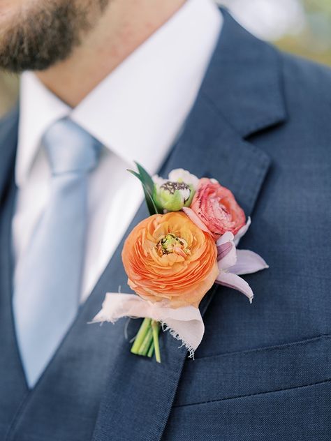 Pink Orange Boutonniere, Garden Style Boutonniere, Dahlia Boutineer, Colorful Boutineers, Spring Wedding Boutonniere, Colourful Boutonniere, Bright Boutonniere, Spring Groomsmen Attire, Summer Boutonniere