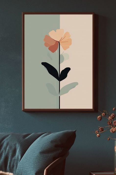 Minimalist Floral Painting, Office Decor Painting, Minimalist Floral Art, Minimalistic Canvas Art, Wall Frame Painting Ideas, Acrylic Minimalist Painting, Framed Paintings On Wall, Wall Decor Painting Canvases, Canvas Drawing Ideas Wall Decor