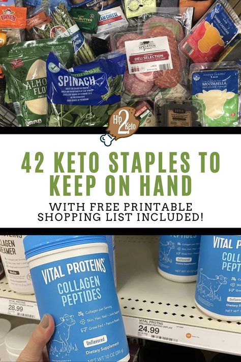 Are you starting a keto diet or looking for new keto products to try? Check out our list of 42 keto staples to have on hand. We’ve included a FREE printable grocery shopping list. Healthy Keto Grocery List, Keto Staples List, Keto Pantry Staples, Keto Grocery Haul, Keto Costco List, Costco Keto Shopping List, Keto Grocery List For Beginners, Keto Staples, Keto Diet Shopping List