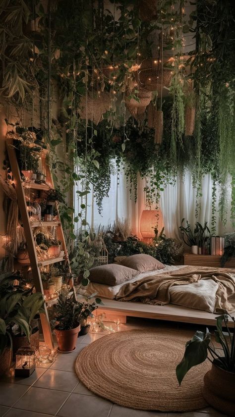 Indoor Plant Vines Hanging, Plants In Bedrooms Ideas, Plants Hanging From Ladder, Shelf Around Bedroom Ceiling, Decorating Slanted Ceiling, Peaceful Aesthetic Home Decor, Cute Room Ideas Plants, Indoor Plant Ceiling, Plant Canopy Bedroom