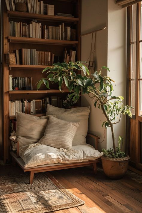 Cozy Simple Room, Simple Room Ideas Minimalism, Simple Bookshelves, Soulful Simplicity, Cottagecore Apartment, Minimal Boho Decor, Luxury Moodboard, Comfy Cottage, Wabi Sabi Home