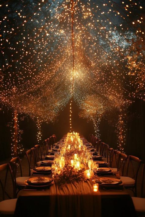 Starry Night Ethereal Celestial Wedding, Magic Theme Wedding, Pirates Wedding Theme, Wedding Ceiling Lights Starry Nights, Acotar Wedding Scene, Starry Night Wedding Color Palette, Dusk Wedding Theme, Stary Night Wedding Aesthetic, Night Sky Themed Wedding