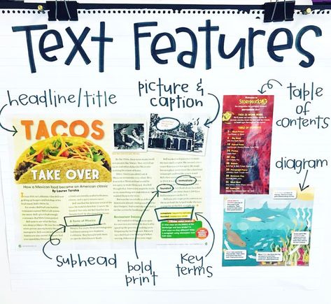 Let’s TACO about @theamygroesbeck! 😍🌮 Her anchor charts are alwayyyys en FUEGO and her fonts are PERFECTO! If you don’t have them already,… Nonfiction Anchor Chart, Text Feature Anchor Chart, Ela Anchor Charts, Nonfiction Text Features, Classroom Anchor Charts, Reading Anchor Charts, Third Grade Reading, 5th Grade Reading, 4th Grade Classroom