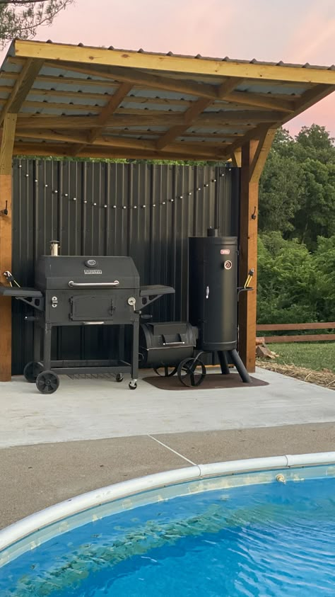 Barbeque Gazebo Ideas, Diy Grill Station Cheap Backyard, Grill Lean To, Grill Cabana, Shed With Grilling Area, Behind Grill Wall, Outdoor Smoker Grill Area, Diy Bbq Shack, Grilling Shack