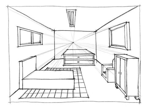 Room Drawing Reference, Perspective Drawing Room, People As Cartoons, Impressive Sketches, Draw A Room, One Point Perspective Room, Room Perspective Drawing, Drawing Inspo Sketch, 1 Point Perspective Drawing