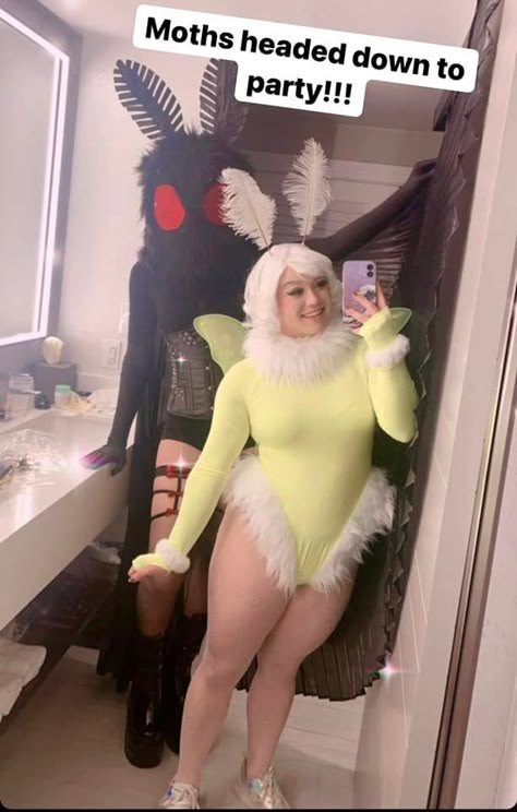 Mothman Costume Woman, Mythical Halloween Costumes, Lunar Moth Costume, Mothman Halloween Costume, Luna Moth Outfit, Nonbinary Halloween Costumes, Queer Halloween Costume Ideas, Mothman Costume Diy, Imp Costume