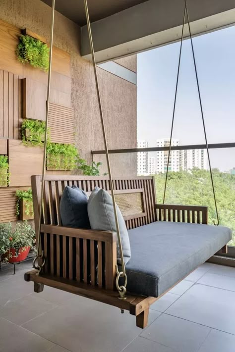 Swings For Home, Balcony Swing, Living Room Wall Designs, Swing Bed, Wooden Swing, Modern Small House Design, Flat Decor, Swing Design, Urban Decor