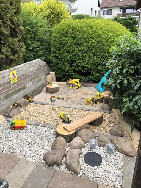 Outside Construction Area Eyfs, Rock Pit For Kids, Small Yard Play Area For Kids, Outdoor Construction Play Area, Kid Play Area Backyard, Digging Area For Kids, Backyard Kids Play Area Diy Simple, Sandpit Diy, Outdoor Construction Area Eyfs