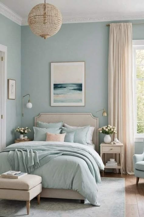 Pastel Colors For Bedrooms, Modern Pastel Bedroom, Pastel Bedrooms, Different Wall Colors, Blue Green Bedroom, Pastel Bedroom Ideas, Modern Coastal Bedroom Ideas, Blue Green Bedrooms, Aqua Bedrooms