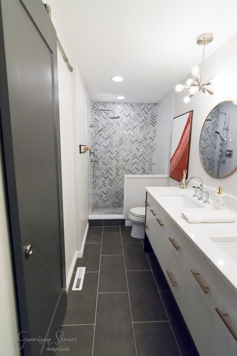 Modern Master Bath Renovation Reveal Shower Layout, Bathroom Budget Diy, Wood Tile Bathroom, Modern Master Bath, Rectangle Bathroom, Trendy Bathroom Tiles, Master Bath Renovation, Bath Renovation, Closet Remodel