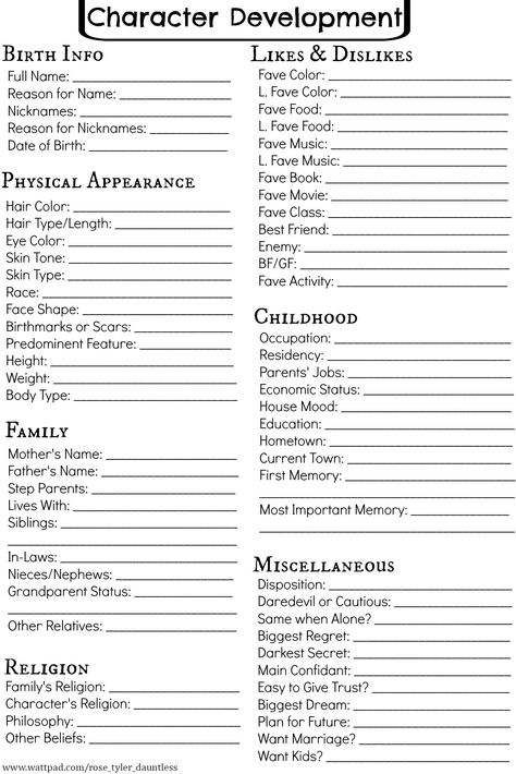 Writing Inspiration | Character Development Chart | Fill one out for each of your major characters to help you create deeper characters with rich backstories Character Development Sheet, Writing Inspiration Characters, Character Sheet Writing, Writing Inspiration Tips, Writing Plot, Writing Fantasy, Writing Dialogue Prompts, Creative Writing Tips, Writing Motivation