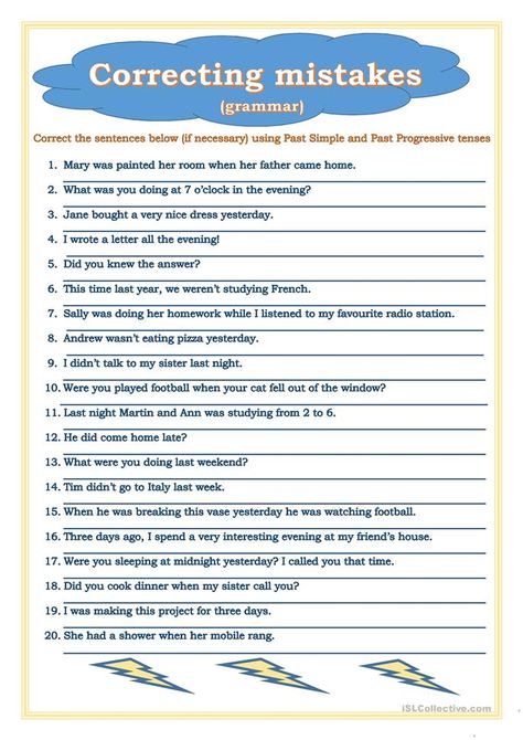 Correcting mistakes (Past Simple-Past Progressive) - English ESL Worksheets for distance learning and physical classrooms Past Progressive Worksheets, Sentence Correction Worksheets, Past Progressive, Learn Reading, English Communication, Tenses Grammar, French Things, Kids Worksheet, Sentence Correction