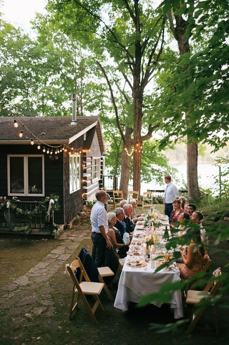 'An Intimate Lakeside Wedding with 16 Guests: Real Wedding | Haley + Erik' Garden Wedding At Home, Casual Backyard Wedding Reception Ideas, Small Aesthetic Wedding, Casual Intimate Wedding, Lakeside Wedding Aesthetic, Intimate Chapel Wedding, Casual Wedding Aesthetic, Small Wedding Restaurant, Small Nature Wedding