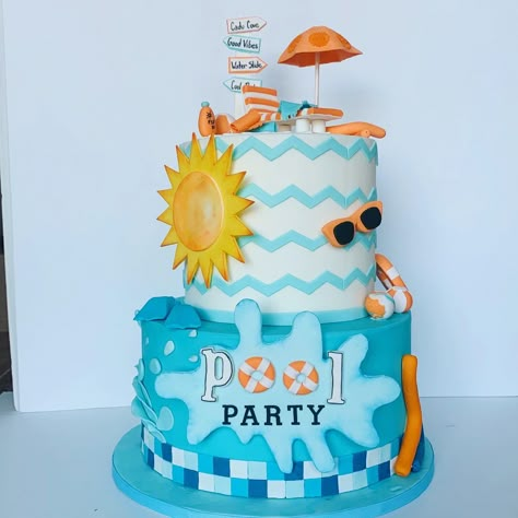 Pool party cake Pool Birthday Party Cake Ideas, Birthday Cake Pool Party Theme, Summer Party Cake Birthday, Pool Birthday Cake Ideas, Pool Theme Birthday Party Cake, Swim Theme Birthday Party, Pool Cakes Birthday, Pool Party Bday Cake, Pool Theme Birthday Cake