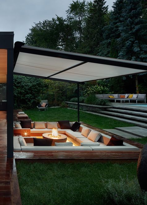 A Covered Outdoor Conversation Pit With A Fire Bowl Creates A Cozy Place To Relax At Night Outside Conversation Pit, Covered Fire Pit Area, Outdoor Conversation Pit, Sunken Conversation Pit, Sunken Patio, Sunken Fire Pits, Conversation Pit, Sunken Living Room, Wood Patio