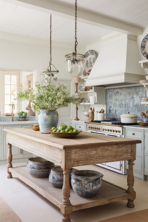 How to Use AI for Interior Design - Farmhouse Living Farm Table Island In Kitchen, Timeless Kitchen With Island, Table As Island In Kitchen, Furniture Style Island, Charming Home Interior, Modern French Cottage Decor, Cottage Kitchen Island Ideas, Kitchens French Country, Harvest Table Kitchen Island