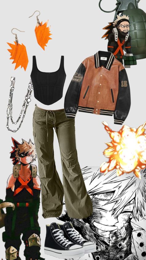 #bakugoukatsuki #bakugo #mha #myheroacademia #bomberjacket #earrings #necklace #silverchain #cargopants Bakugo Clothes Style, Outfits Inspired By Mha Characters, Denki Inspired Outfit, Bakugo Dti Outfit, My Hero Academia Outfits Ideas, Deku Inspired Outfit, Bakugo Earrings, Bakugou Inspired Outfit, Mha Casual Clothes