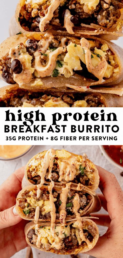 This high-protein breakfast burrito packs 35g of protein per serving and is easy to freeze and meal prep for a quick breakfast. The combination of breakfast sausage, fluffy scrambled eggs, black beans, and cheese makes it the perfect combination to keep you full. Black Bean Egg Burrito, Meal Prep Macro Friendly Breakfast, High Protein Freezer Breakfast Burritos, Protein Heavy Breakfast Ideas, High Protein Breakfast Sausage, High Protein Whole Foods Meals, Bulking Breakfast Meal Prep, Work Week Breakfast Ideas, High Protein Breakfast Burrito Freezer