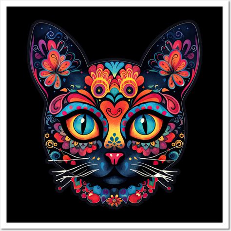 Description: This citrusy sugar skull cat design features zesty shades of orange, tangy yellow, and refreshing teal, perfect for adding a pop of color to your day. -- Choose from our vast selection of art prints and posters to match with your desired size to make the perfect print or poster. Pick your favorite: Movies, TV Shows, Art, and so much more! Available in mini, small, medium, large, and extra-large depending on the design. For men, women, and children. Perfect for decoration. Cat Sugar Skull, Cat Pop Art, Sugar Skull Painting, Sugar Scull, Skeleton Artwork, Mexican Tattoo, Colorful Tattoos, Pop Art Cat, Sugar Skull Cat