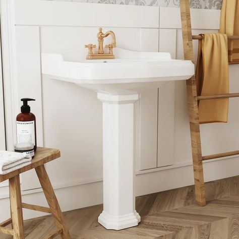 DeerValley Dynasty 26 3/4" Tall White Vitreous China Rectangular Pedestal Bathroom Sink With Overflow & Reviews | Wayfair Pedastal Sink, Bathroom Pedestal Sink, Pedestal Sink Bathroom, Rectangular Bathroom Sink, Pedestal Bathroom Sink, Rectangular Bathroom, Rectangular Sink Bathroom, Plumbing Bathroom, Pedestal Basin