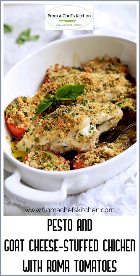 Pesto and Goat Cheese-Stuffed Chicken with Roma Tomatoes is easy, elegant and a delicious way to use some of your summer basil pesto and tomatoes.  This makes an impressive date night dinner that looks like you fussed! #pesto #basil #goatcheese #stuffedchicken #stuffedchickenbreast #tomatoes #chickenrecipes Pesto Basil, Goat Cheese Stuffed Chicken, Date Night Dinner, Cheese Stuffed Chicken, Turkey Dinner, Cheese Stuffed, Stuffed Chicken, Healthy Comfort Food, Best Chicken Recipes