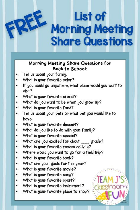 Grab your FREE List of Morning Meeting Share Questions from Team J's Classroom Fun. This list includes 20 fun and engaging questions to use with your class during share. Click through to grab this Morning Meeting FREEBIE. Morning Meeting Share Questions, Morning Meeting Ideas 2nd, Sel Morning Meeting Questions, Wednesday Morning Meeting Questions, Questioning In The Classroom, Morning Meeting Share Ideas, Responsive Classroom Morning Meeting, Morning Meeting Board, Kindergarten Morning Meeting