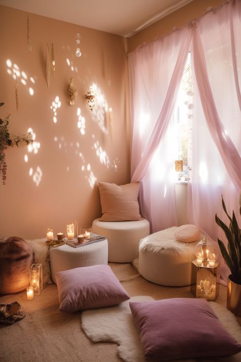 #crystals #crystalhealing #crystalroom #sacredspace #sacred Meditation Home Decor, Spiritual Apartment Ideas, Meditation Room Colors Schemes, Crystal Altar Ideas Inspiration, Cozy Spiritual Bedroom, Spiritual Room Ideas Sacred Space, Healing Office Space, Healing Room Aesthetic, Etheral Room Decor