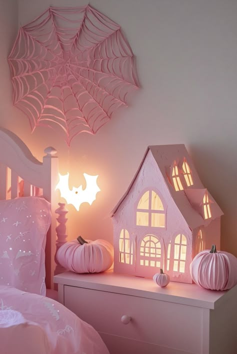 Pink Halloween House Decor, Pink Halloween Home Decor, Girly Fall Decor, Halloween Pink Decor, Pink Ghost Decor, Pink Halloween Bedroom, Diy Pink Halloween Decor, Pink Ghost Aesthetic, Girly Halloween Decorations