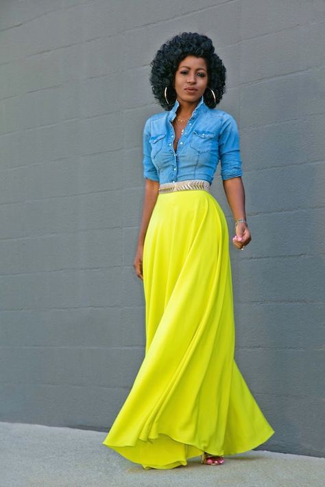 Love this gorgeous Neon Tulle Skirt. Just add a jacket and it's perfect for winter!  Fitted Denim Shirt + Neon Maxi Skirt Neon Maxi Skirt, Ropa Color Neon, Neon Gas, Fitted Denim Shirt, Style Pantry, Maxi Skirt Outfits, Yellow Skirt, Denim On Denim, Skirt Outfit