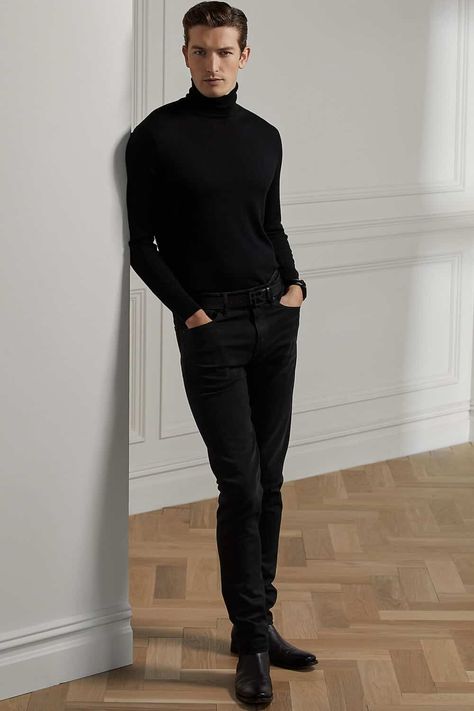 Mens Black Jeans Outfit, Turtle Neck Outfit Men, Jeans Outfit Inspiration, Turtleneck Outfit Men, Black Turtleneck Outfit, Turtleneck Outfits, Boots Men Outfit, Cool Looks, Black Outfit Men