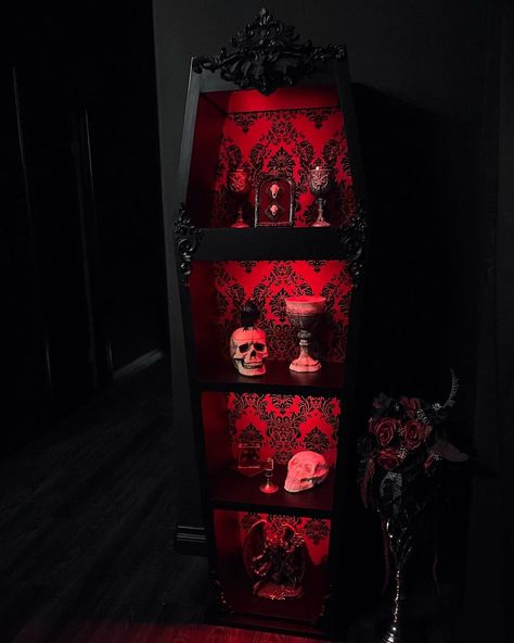 What do you collect, and why? 🪨 For me, it’s rocks/gems and goblets. I’m not sure why, I’ve just always been fascinated by rocks and… | Instagram Vampire Bedroom Ideas, Vampire Bedroom, Vampire Room, Vampire Outfits, Vampire Decor, Coffin Shelf, Gothic Decor Bedroom, Goth Bedroom, Gothic Room