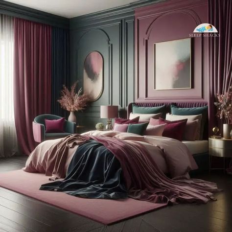 30 Moody Romantic Bedroom Ideas: Enchanting Nights Await - Dusty Purple Bedroom Ideas, Pink Burgundy Bedroom, Jewel Tone Bedroom Aesthetic, Purple And Navy Bedroom, Cozy Bedroom Ideas For Couples Romantic Color Schemes, Dark Pink Bedding, Deep Pink Bedroom, Plum And Green Bedroom, Silk Bedding Aesthetic