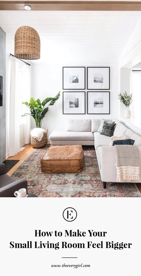 6 Genius Ways to Make Your Small Living Room Feel So Much Bigger #theeverygirl Living Room Decor Neutral, Modern Boho Living Room, Grey Sectional Sofa, Grey Sectional, Boho Living Room Decor, 20 Weeks, Small Living Room Decor, Neutral Living Room, Boho Living Room