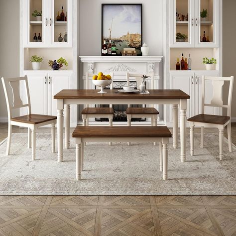 Harper & Bright Designs Classic 6 Piece Kitchen Dining Table Set, Wooden Rectangular Table with 4 Chairs and 1 Bench for Kitchen Dining Room, Home Furniture (Brown+Cottage White) Bench For Kitchen, Table With Bench, Cute Farmhouse, Wood Table Legs, Dinning Tables, Dining Room Inspo, Wood Dining Room, Dinette Sets, Dining Room Table Set