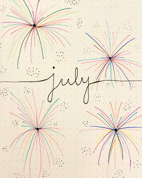 4 Of July Drawing Ideas, July Calendar 2023 Aesthetic Whiteboard, July Spread Bullet Journal, Month Background Wallpapers, 4th Of July Doodles Bullet Journal, July Bullet Journal Cover Fireworks, 4th Of July Journal Ideas, July Whiteboard Ideas, July Bujo Ideas