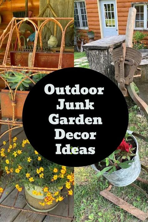 More of my friend Dana's awesome outdoor decor ideas! Cool vintage pieces, all tastefully and strategically placed around the yard and gardens. #junk #junkgarden #gardenjunk #rusticdecor #rusticgarden Upcycle Outdoor Ideas, Garden Recycle Ideas Upcycling, Lawn And Garden Decor, Antique Outdoor Decor, Repurposed Outdoor Decor, Outdoor Vintage Decor, Rustic Landscaping Ideas Country Living, Front Yard Decor Ideas Diy Budget, Outdoor Siding Decor