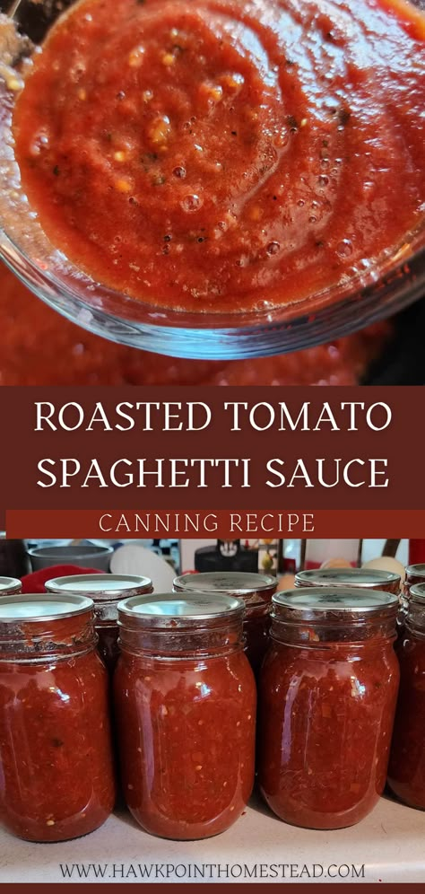 This homemade roasted tomato spaghetti sauce canning recipe is so delicious and a great recipe to make flavorful sauce that can be ready on your shelves for any pasta dish! You’ll love the rich, savory sauce made from simple ingredients. It is so rewarding to make your own delicious spaghetti sauce from your fresh homegrown tomatoes! Roasted Tomato Spaghetti Sauce, Spaghetti Sauce Canning Recipe, Roasted Tomato Spaghetti, Spaghetti Sauce Canning, Canning Pasta Sauce, Canning Homemade Spaghetti Sauce, Canned Tomato Recipes, Tomato Canning, Tomato Spaghetti