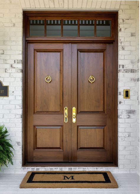 Four Board Woodworks | Portfolio Wide Doors Entrance, Walnut Front Door, Main Door Design Photos, Mahogany Entry Doors, Wood Front Door, Stairs And Doors, House Main Door, House Front Door Design, House Main Door Design