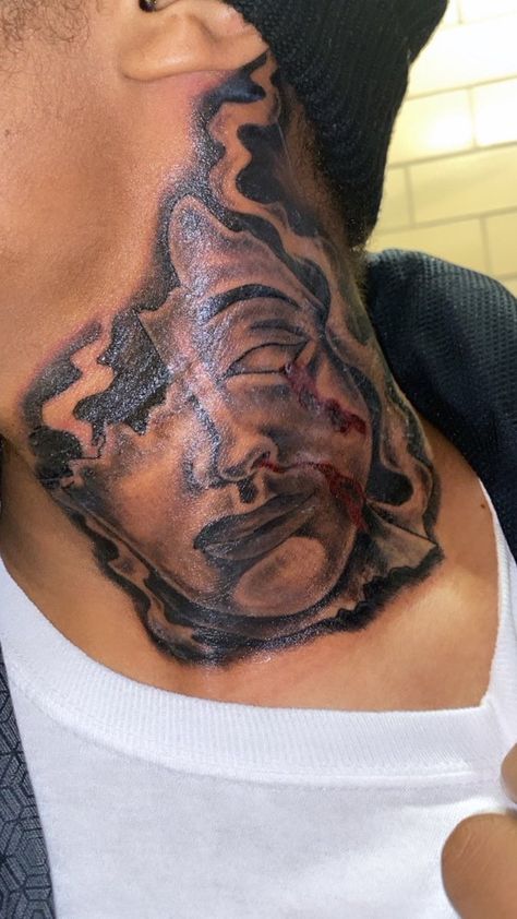 Chest And Neck Tattoo, Neck Tattoo Ideas For Men, Hood Neck Tattoo For Guys, Full Neck Tattoos, Arm Tattoos For Guys Forearm, Neck Tattoo Ideas, Tattoo Ideas Males, Black Men Tattoos, Best Neck Tattoos