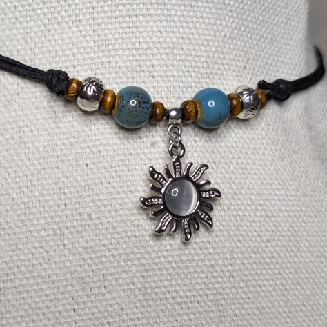 Blue Ceramic Wood Beaded Silver And Grey Cats Eye Charm Boho Hippie Adjustable Rope Cord Choker Stacking Necklace Comes On An Adjustable Waxed Black Cord Necklace. Necklace Is Adjustable From Approximately 13" To 22". Witchy Beaded Jewelry, Copper Wire Necklace, Boho Hippie Jewelry, Silver Bohemian Jewelry, Sun Necklaces, Hippie Choker Necklace, Hippie Gift Ideas, Witch Charms, Stacking Necklace