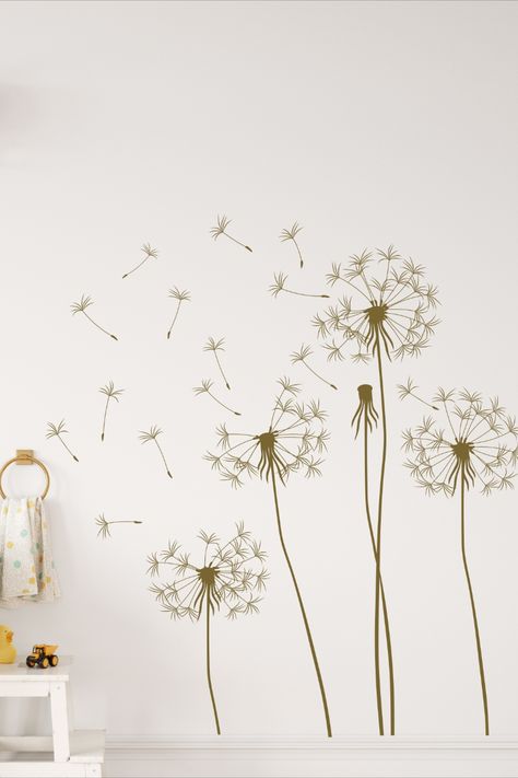 This vinyl wall decal has no clear or colored background. Transfer tape is used to transfer the design to the wall and then removed, leaving only the design on the wall. It is easily removed without damaging interior walls, but it is not reusable. Dandelion Blowing In The Wind, Design On The Wall, Dandelion Wall Decal, Blowing Dandelion, White Dandelion, Wall Art Decal, Blowing In The Wind, Wall Murals Painted, Home Window