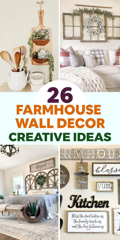 Enhance the beauty of your farmhouse by incorporating charming wall decor ideas that bring a rustic elegance and cozy vibe to your home. Create a captivating gallery wall featuring vintage frames, botanical prints, and antique mirrors for a touch of nostalgia and farmhouse character. Immerse yourself in the simplicity and warmth of farmhouse style with decor ideas that highlight weathered wood, distressed metal, and timeless accents. Transform your walls into a canvas of country-inspired artistry that beckons all visitors to feel right at home. Picture Wall Ideas Farmhouse, Farmhouse Decor Ideas Diy, Kitchen Wall Collage Ideas Farmhouse, Decorating With Old Frames, Farmhouse Wall Decor Ideas Living Room, Rustic Country Farmhouse Decor, Modern Farmhouse Living Room Wall Decor Ideas, Large Farmhouse Wall Decor, Modern Farmhouse Wall Decor Ideas